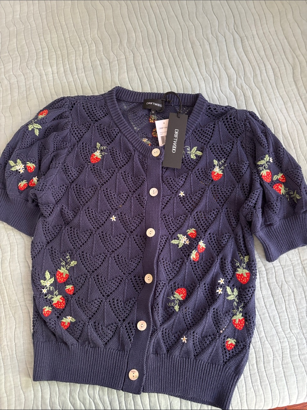Driftwood All Cotton Knit Cardigan with Embroidered Red Strawberries Medium NWT - Picture 1 of 6